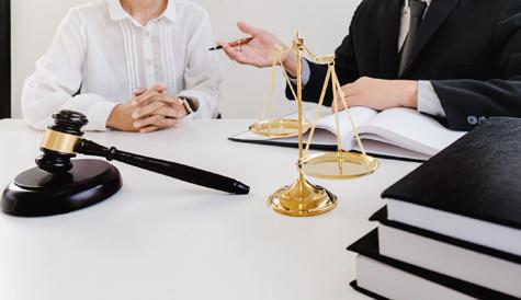 Justice Lawyer Consulting Give A Advice With Client In Courtroom.