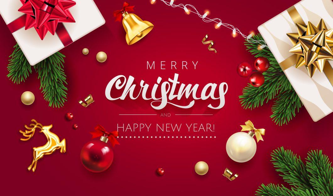 Merry Christmas Red Background With Gifts Box, Green Fir Tree Pine Branch, Red Christmas Ball, Golden Deer, Jingle Bell And Holly Berry. Horizontal Christmas Posters, Greeting Cards, Website. Vector