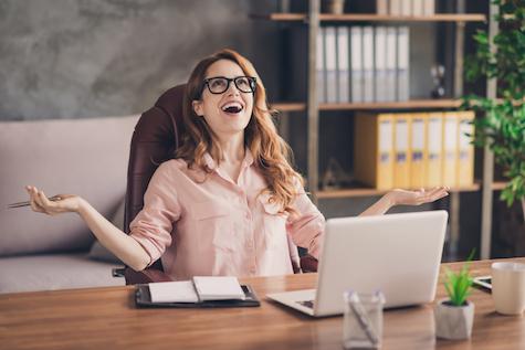 Close Up Photo Beautiful She Her Business Lady Hand Arm Head Raised Up Laugh Laughter Big Salary Income Earnings Genius Startup Notebook Table Sit Office Chair Wearing Specs Formal Wear Shirt