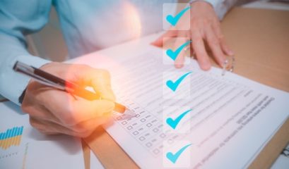 Businessman Pressing To Tick Mark In Checkbox For Quality Document Control Checklist And Business Approve Project Concept. Successful Completion Of Business Tasks. Management Goal Strategy