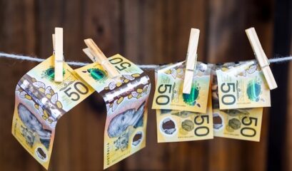 Pinned Banknotes On A Clothes Line. Concept Of Money Laundering